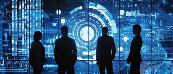 Silhouette of a business team reviewing automation processes with a digital interface in the background