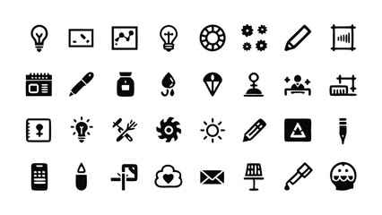 A set of flat icons representing graphic design tools and concepts.