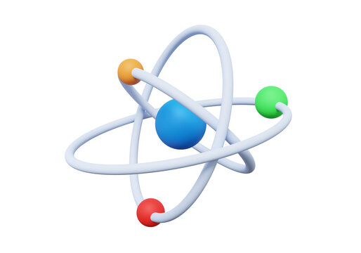 3D Atom molecule chemistry nuclear scientific research orbital electrons colorful cartoon style on isolated background. energy education 3d render. illustration