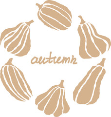 Beige pumpkins arranged in a circular pattern with artistic lettering for autumn decor