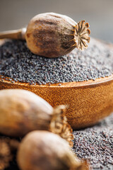 Dry head and poppy seed in bowl on kitchen table.