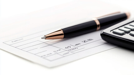  image is ideal for use in content related to financial planning, business transactions, and paycheck processing. The clean, professional presentation of the blank cheque book, pen, and calculator