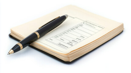 Naklejka premium image is ideal for use in content related to financial planning, business transactions, and paycheck processing. The clean, professional presentation of the blank cheque book, pen, and calculator