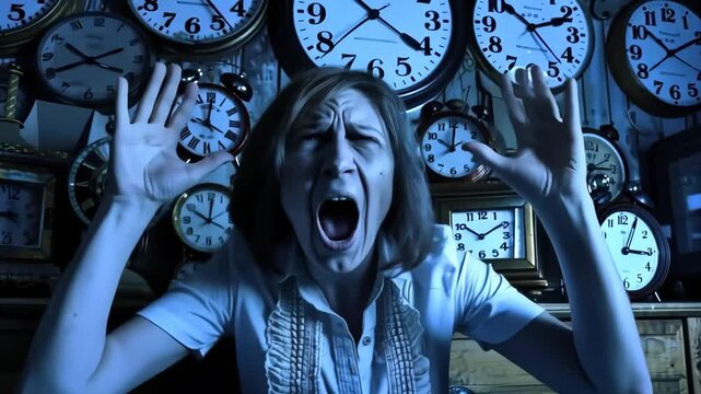 A woman in distress screams for help in a dimly lit room filled with various clocks, each ticking ominously as time slips away