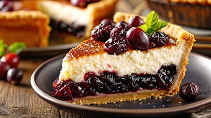  A cherry-topped cheesecake slice on a plate, paired with a bowl of juicy cherries