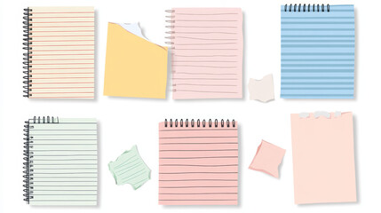  a detailed description for a memo template featuring a collection of striped notes, blank notebooks, and torn notes, 