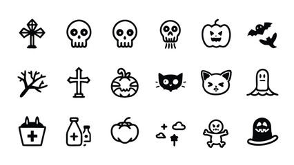 Set of 18 Halloween icons with editable stroke outline in black color on white background.