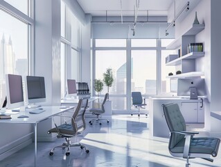 Modern office interior with a desk, computer, and window view during daylight