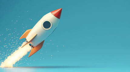  a 3D rendering illustration concept featuring a business startup project with a rocket launch on a pencil, flying rocket icon, and a blue background