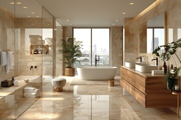 Fototapeta premium Modern White Bathroom Design with Freestanding Bathtub. Light shine through from a side. Created with Generative AI