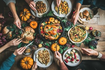 Thanksgiving dinner with diverse dishes, pumpkins, and guests gathered around a festive table in autumn
