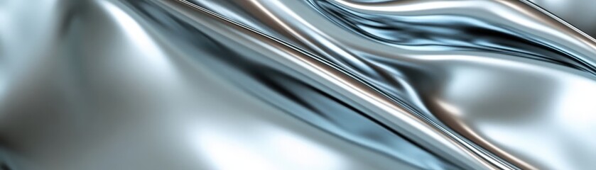 Obraz premium Abstract close-up of flowing shiny metallic fabric with smooth texture, creating an elegant and futuristic background in silver and blue tones.