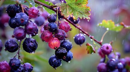   Close-up of luscious berries on a branch, adorned with dewy droplets and a vibrant green leaf