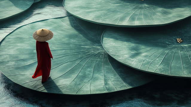 Sobre una vasta hoja de loto, una persona con sombrero de paja avanza en un entorno acu&aacute;tico en calma. La composici&oacute;n minimalista y surrealista refleja la pureza y armon&iacute;a