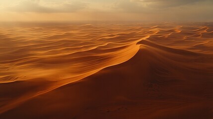   A vast desert landscape featuring endless sand dunes under clear skies with sunlight filtering through the distant clouds