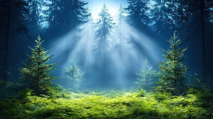 Obraz premium A dense woodland brimming with towering trunks beneath azure heavens, dappled with sunlight streaming down from treetops