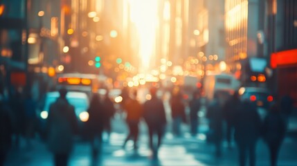 Blurred cityscape with pedestrians walking on a busy street during sunset, capturing the urban hustle and vibrant evening lights.
