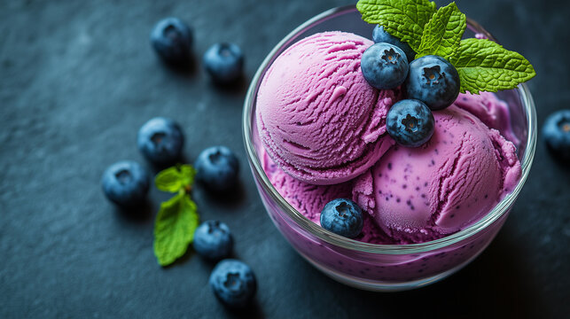 Pour un dessert parfait de P&acirc;ques, savourez une cr&egrave;me glac&eacute;e &agrave; la fraise et myrtille, avec un scoop de sorbet bleu et blanc, frais et d&eacute;licieux.