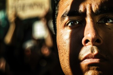Close-up portrait of a mans face, captured in the midst of a crowd, with sunlight casting a shadow across his cheek