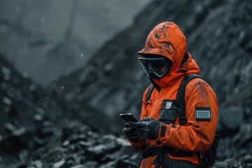 A lone figure in bright orange gear stands amidst a rugged, rocky landscape, using a smartphone in the midst of a snowstorm