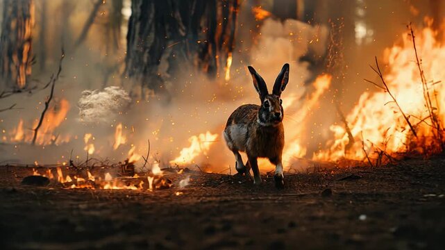 Frightened hare runs away from fire, a fire in the forest, disaster, tragedy, concept of caring for nature, protect forest from fire