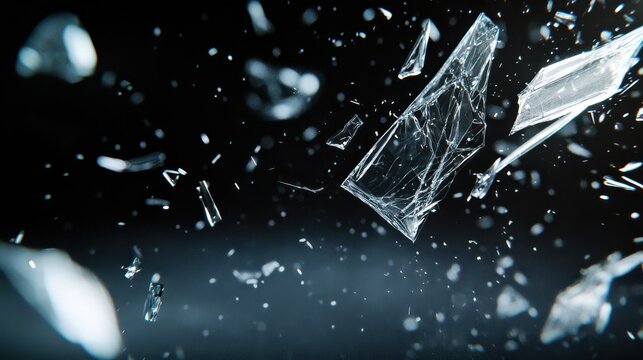 Close-up of broken glass shards suspended in mid-air against a dark background, capturing the moment of impact and fragmentation.