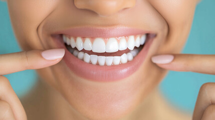 A close-up of a woman smiling brightly, poiting with fingers on her white teeth and healthy gums, capturing the essence of dental care and hygiene in a cheerful and vibrant mood, p