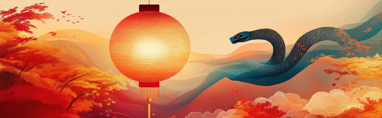 Obraz premium abstract image of a snake wrapped around a Chinese lantern, with minimalist detailing to highlight the festive symbolism of the New Year
