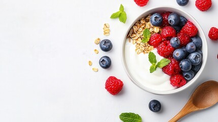 Vibrant fruit and yogurt bowl with granola and assorted berries, wooden spoon, clean white background, top-down shot, fresh and colorful.