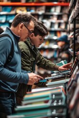 Father and Son Selecting Office Supplies in Store for College Organization Planning