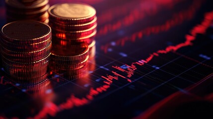 Stacks of coins against a fluctuating stock market graph, representing financial growth, investment, and economic trends.