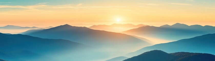 Obraz premium Majestic sunrise over serene mountain ranges, capturing the tranquil beauty of nature with colorful skies and misty peaks.