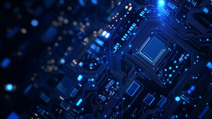 AI Chip or Processor: In the center or focal point of the scene is an AI chip or processor, rendered in a 3D low-poly wireframe style. 