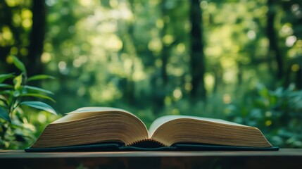 Open book on a wooden table with a lush green forest background, conveying a peaceful and serene reading environment in nature.