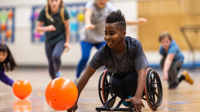 Inclusive Physical Education Class for Students of All Abilities Engaging in Fun Activities