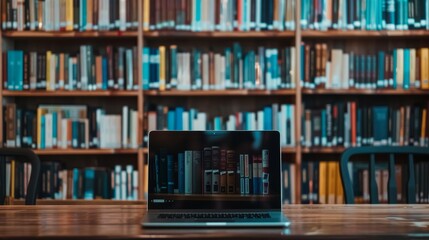 Modern Digital Library Interface Accessible via Laptop on Wooden Desk in Book-Filled Library