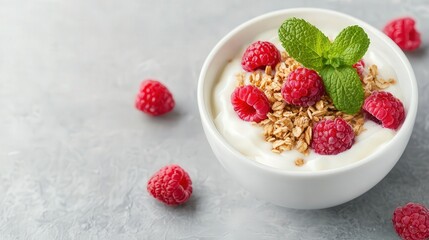 Yogurt bowl with fresh raspberries, granola, and a mint leaf garnish, warm tones, high-angle shot, minimalist background, focus on freshness.