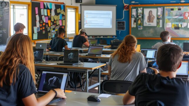 High School Classroom with Students Using Laptops for Open Educational Resources While Teacher Guides Progress