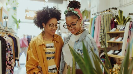 Obraz premium Mother and College-Bound Daughter Shopping for School Year Outfits in a Chic Boutique