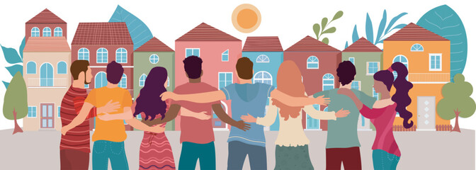 Community and sharing between neighbors. Neighborhood concept meeting or acts of care - care jobs. Group of embracing multicultural people seen from behind with a background of houses