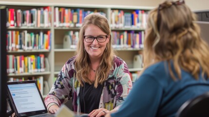 Library Staff Member Assisting Patron with Digital Resources Access in Public Library