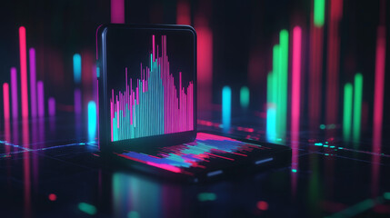 3D Effect: Apply 3D effects to both the smartphone and the chart to give depth and realism. The chart should have a smooth gradient or light reflections to enhance its appearance.
