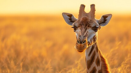 Obraz premium A giraffe is standing in a field of tall grass. The giraffe is looking directly at the camera, and the grass is golden in color