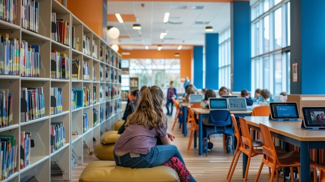 Modern School Library with Tablets and E-Readers for Digital Learning and Reading Activities