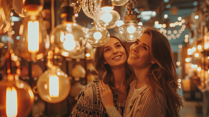 Mother and Daughter Choosing Dorm Room Lighting in Trendy Home Decor Store