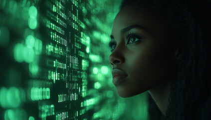 Black woman in the foreground with green binary code and digital data flowing around her, creating an atmosphere of artificial intelligence and technology.