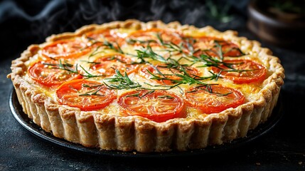   A macro shot of a pie on a platter adorned with abundant green sprigs