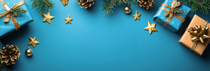 Fondo azul pastel decorado con una composición de adornos navideños, paquetes regalo, piñas, bolas de navidad y estrellas. Concepto publicidad navideña