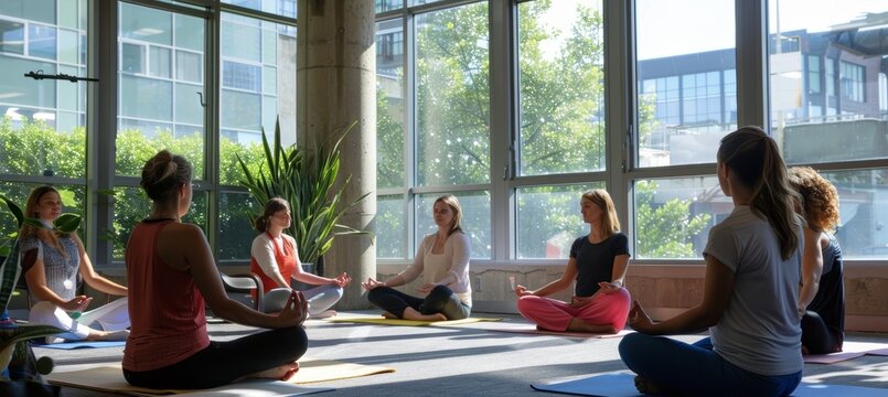 Corporate Lunchtime Yoga Class: Busy Professionals Recharging with Refreshing Practice