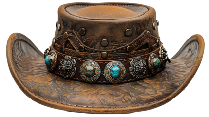 A brown hat with a blue stone on it